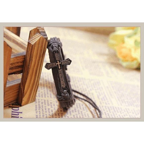 Genuine Brown Leather Cross Unisex Bracelet - Picture 2 of 4